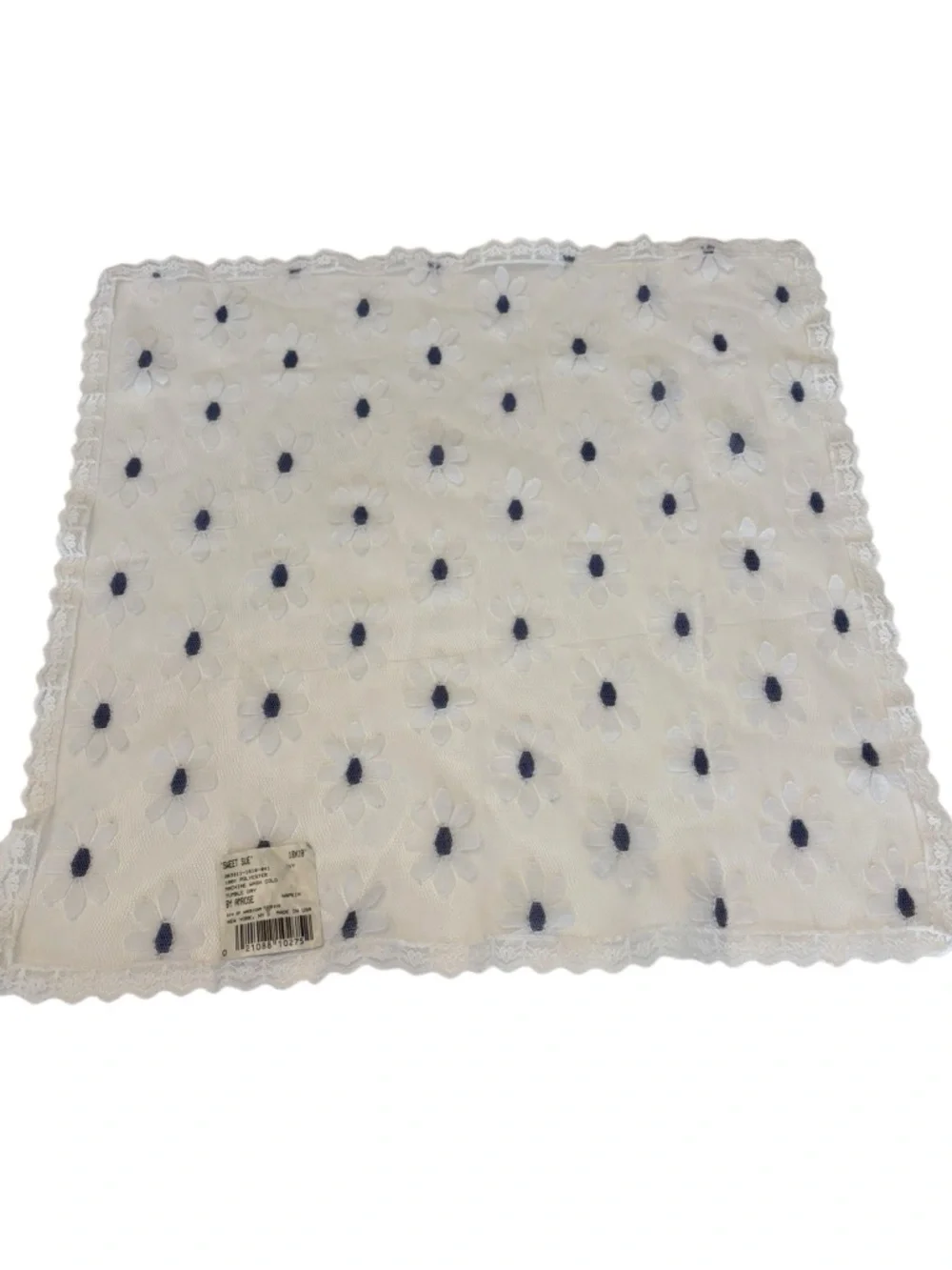 Vintage Amrose NY Sweet Sue Blue Flower Embroidery‎ White Lace Napkins 18x18 NEW
